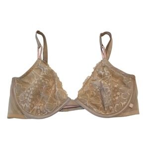 Victorias Secret Beige Floral Lace Unlined Demi Bra 36D Underwire Mesh Trim
